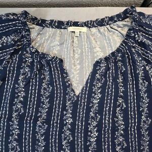 Angels Forever Young Women 3X Navy Blue Floral Stripe Pom-Pom Trim Blouse Top